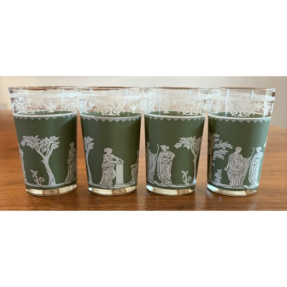 Jeannette Glass Hellenic Green 6 Oz Juice  Grecian Lot Of 4 MCM Greek Jasperware